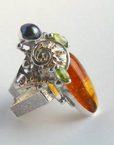 anillo plata de ley y oro 585 con piedras de moda, anillo para mujeres de plata de ley con piedras, joyas de autor plata de ley con piedras para mujeres, anillo 4002