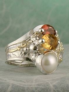 one of a kind jewellery, handmade artisan jewellery, mixed metal artisan jewellery, artisan jewellery with gemstones and pearls, Band #Ring 7482