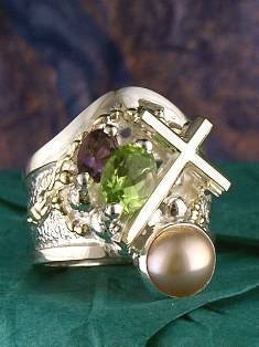 anillo plata de ley y oro 585 con piedras de moda, anillo para mujeres de plata de ley con piedras, joyas de autor plata de ley con piedras para mujeres, anillo Cruz 5924