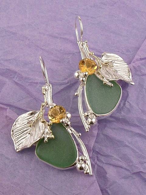 Original handgefertigtt, Silber und Gold, Citrin, grüne Meerglass, Ohrringe mit Meerglas Artikelnummer 4580