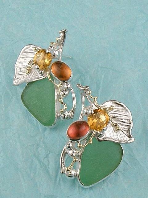 Original handgefertigtt, Silber und Gold, rosa Turmalin, Citrin, grüne Meerglass, Ohrringe mit Meerglas Artikelnummer 4570