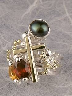 anillo plata de ley y oro 585 con piedras de moda, anillo para mujeres de plata de ley con piedras, joyas de autor plata de ley con piedras para mujeres, anillo Cruz 8674