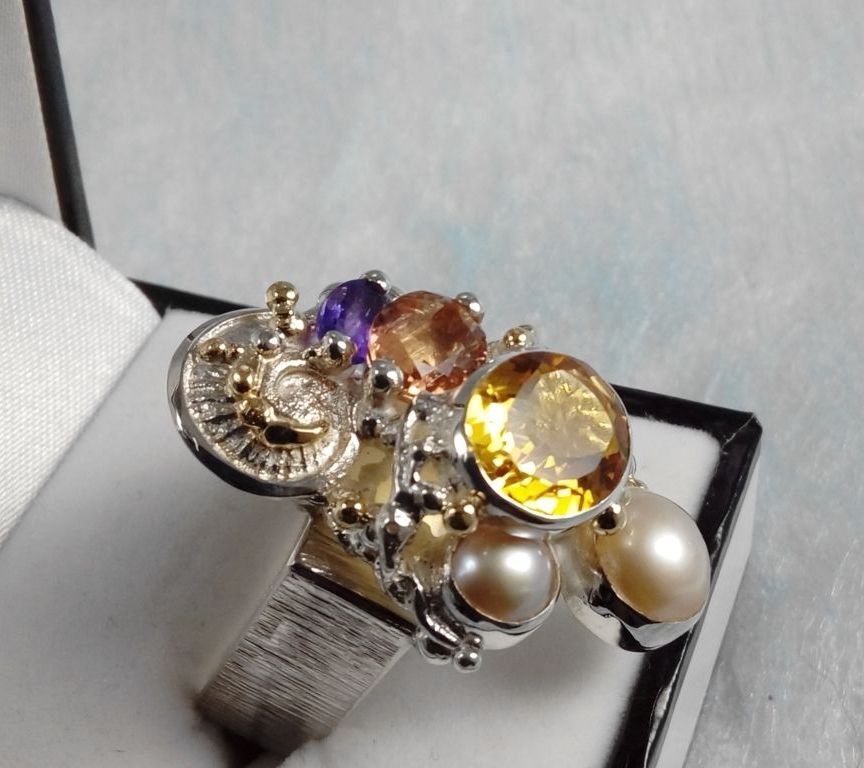 Anillo 4291, plata de ley y oro, citrino, turmalina, amatista, perla, original hecho a mano, joyas de autor, Gregorio Pyra Piro