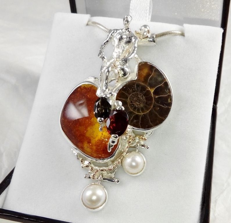 Pendant #68375, time traveler, sterling silver and 14 karat gold, amber, ammonite, garnet, green tourmaline, pearls, original handmade, one of a kind jewellery, handmade jewelry with natural pearls and stones, art jewellery, Gregory Pyra Piro