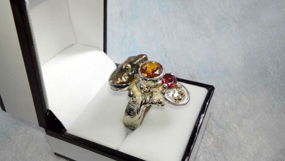 klassisk ring 3292, sterlingsilver, 14 karat guld, citrin, granat, pärla, ursprungliga handgjorda, konstsmycken, bärbar konst, Gregory Pyra Piro