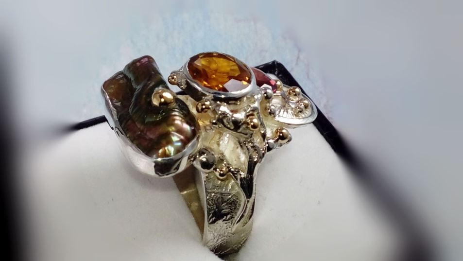 klassisk ring 3292, sterlingsilver, 14 karat guld, citrin, granat, pärla, ursprungliga handgjorda, konstsmycken, bärbar konst, Gregory Pyra Piro