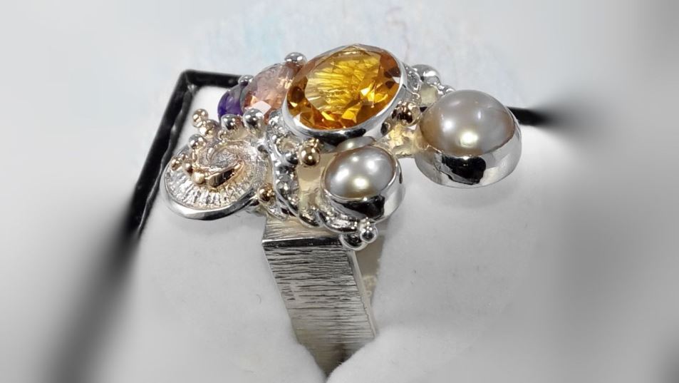 firkantig ring 4291, sterlingsilver, 14 karat guld, citrin, turmalin, ametist, pärla, ursprungliga handgjorda, konstsmycken, bärbar konst, Gregory Pyra Piro