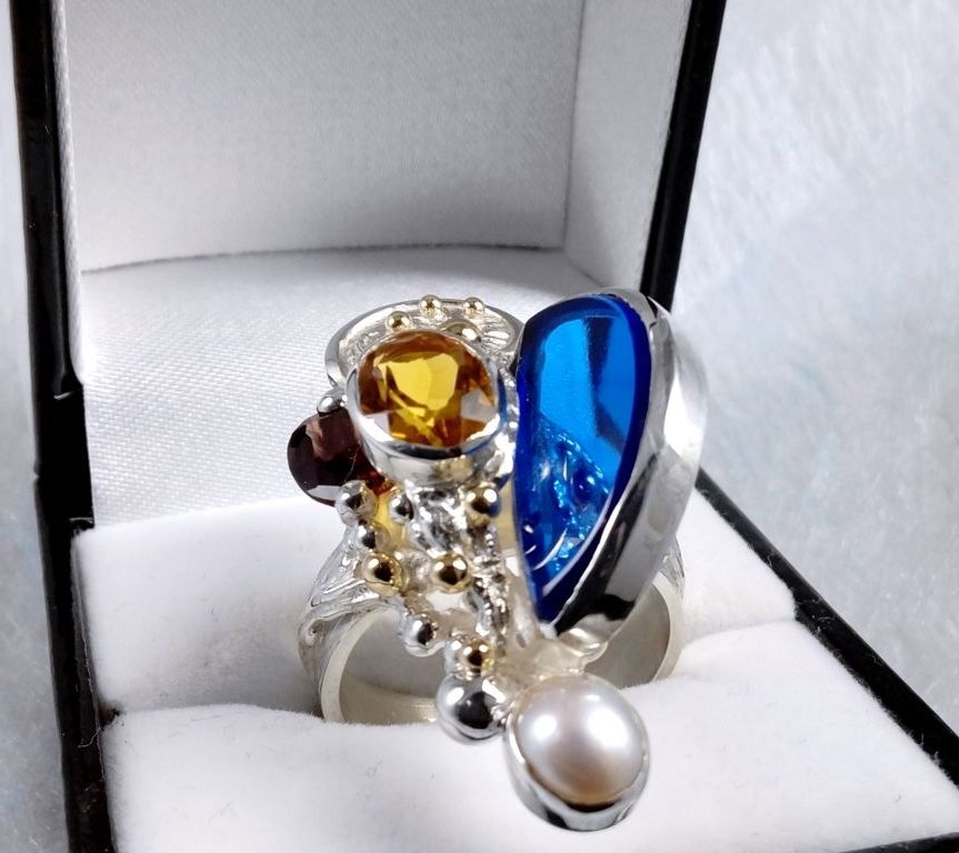 Anillo 3624, plata de ley, oro 585, citrino, granate, perla, vidrio, original hecho a mano, joyas de autor, Gregorio Pyra Piro