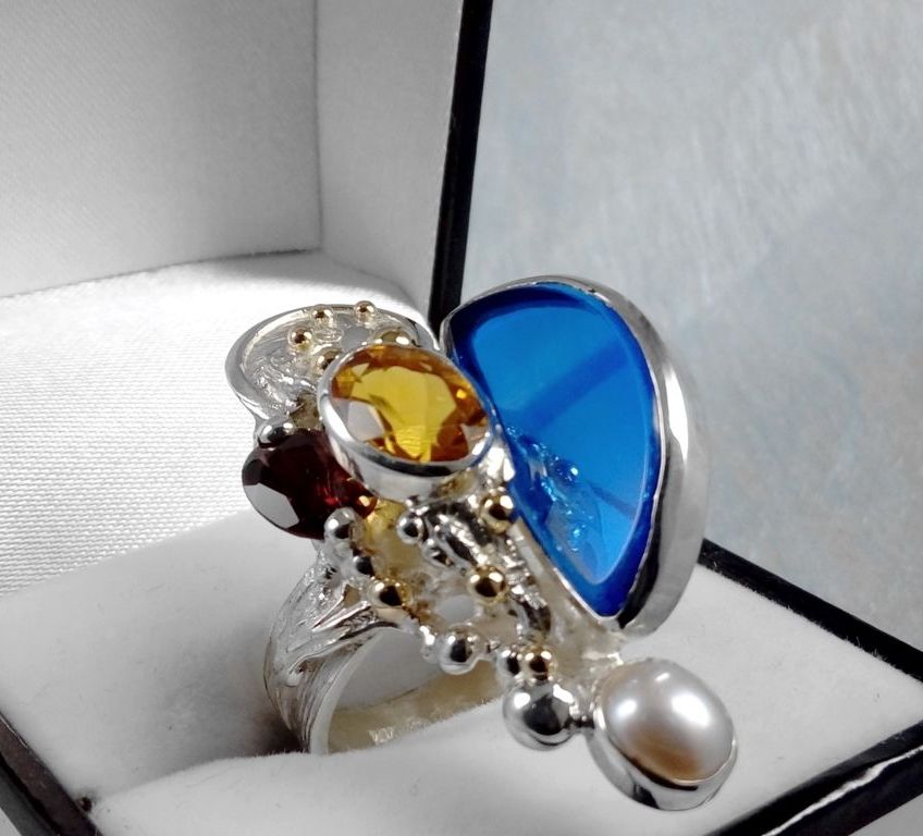 Anillo 3624, plata de ley, oro 585, citrino, granate, perla, vidrio, original hecho a mano, joyas de autor, Gregorio Pyra Piro