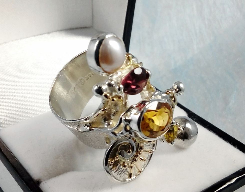 klassisk ring 9435, sterlingsilver, 14 karat guld, citrin, granat, pärla, ursprungliga handgjorda, konstsmycken, bärbar konst, Gregory Pyra Piro