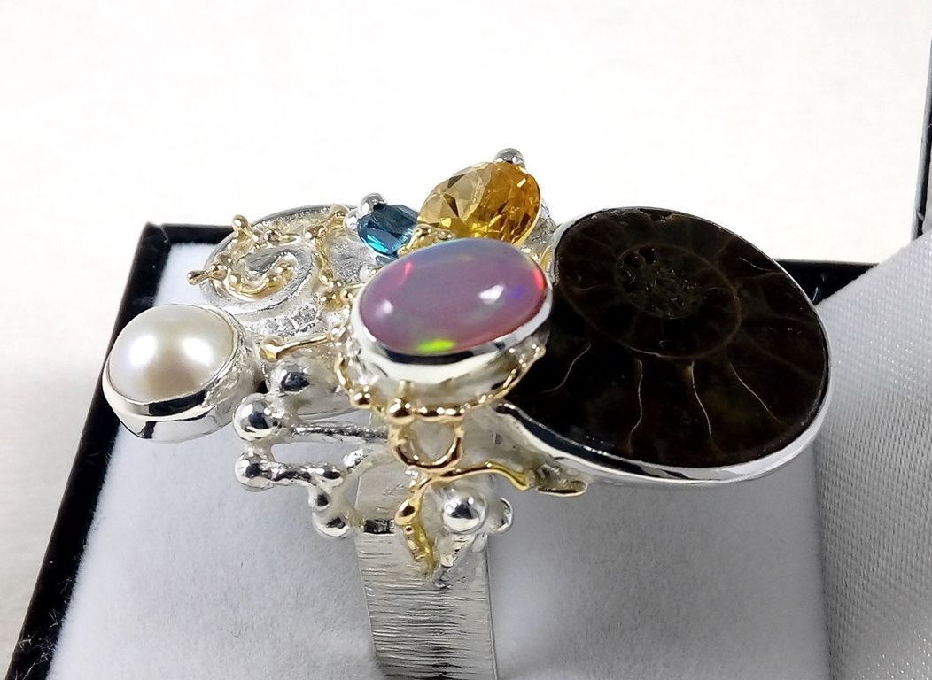 fine craft gallery rings for sale, original handcrafted maker's jewellery rings for sale, gregory pyra piro handcrafted ring 374291, sterling silver, gold, ammonite, opal, citrine, blue topaz, pearl, original handmade, one of a kind jewellery, handmade jewelry with natural pearls and stones, art jewellery, Gregory Pyra Piro