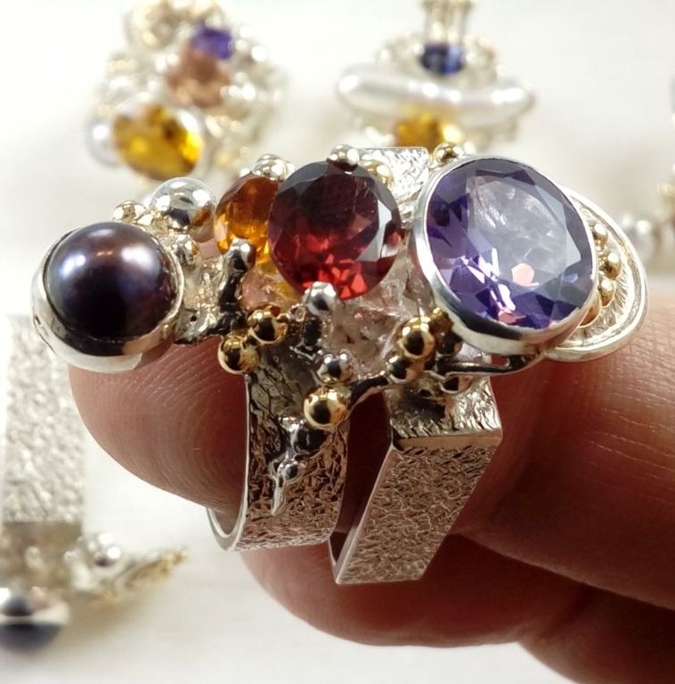 silver and gold reticulated jewellery with amethyst, Garnet, Citrine, Collection of Cyber Rings, Bespoke Jewellery, One of a Kind, Original Handcrafted, Gregory Pyra Piro, Sterling Silver, 14k Gold, Natural Gemstones, Pearls