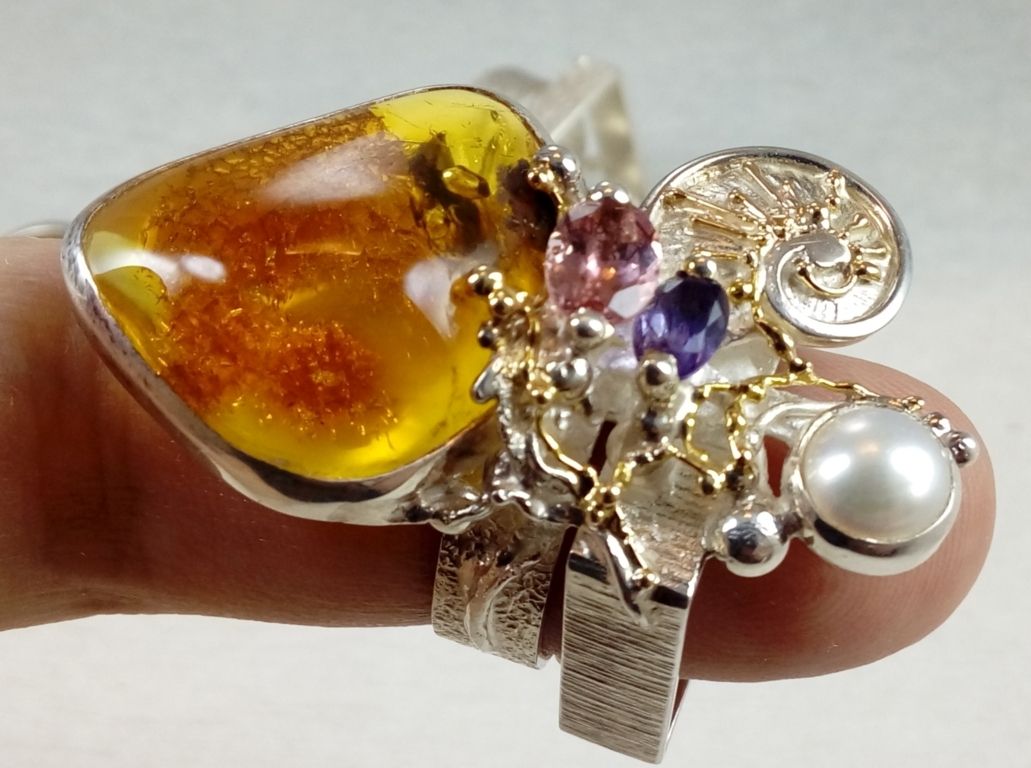 Amber, Pink Tourmaline, Amethyst, Collection of Cyber Rings, Bespoke Jewellery, One of a Kind, Original Handcrafted, Gregory Pyra Piro, Sterling Silver, 14k Gold, Natural Gemstones, Pearls