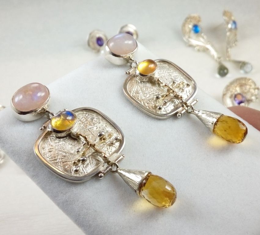 fine craft gallery earrings for sale, fine craft gallery artisan jewellery for sale, gregory pyra piro one of a kind earrings 6527, handcrafted mixed metal earrings in sterling silver 14k gold, handcrafted earrings moonstone and citrine