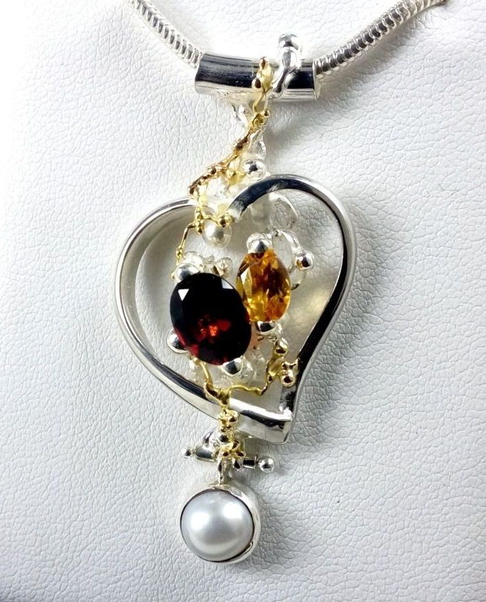 gregory pyra piro, heart pendant 5392, sterling silver, 14 karat gold, garnet, citrine, pearl, one of a kind, handcrafted original