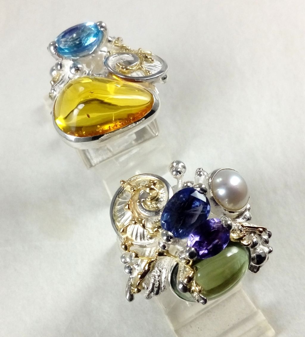 jewelry made from gold and silver, jewelry with color stones, jewelry with real pearls, gregory pyra piro square rings, original handmade in sterling silver with solid 14 karat gold, and natural gemstones