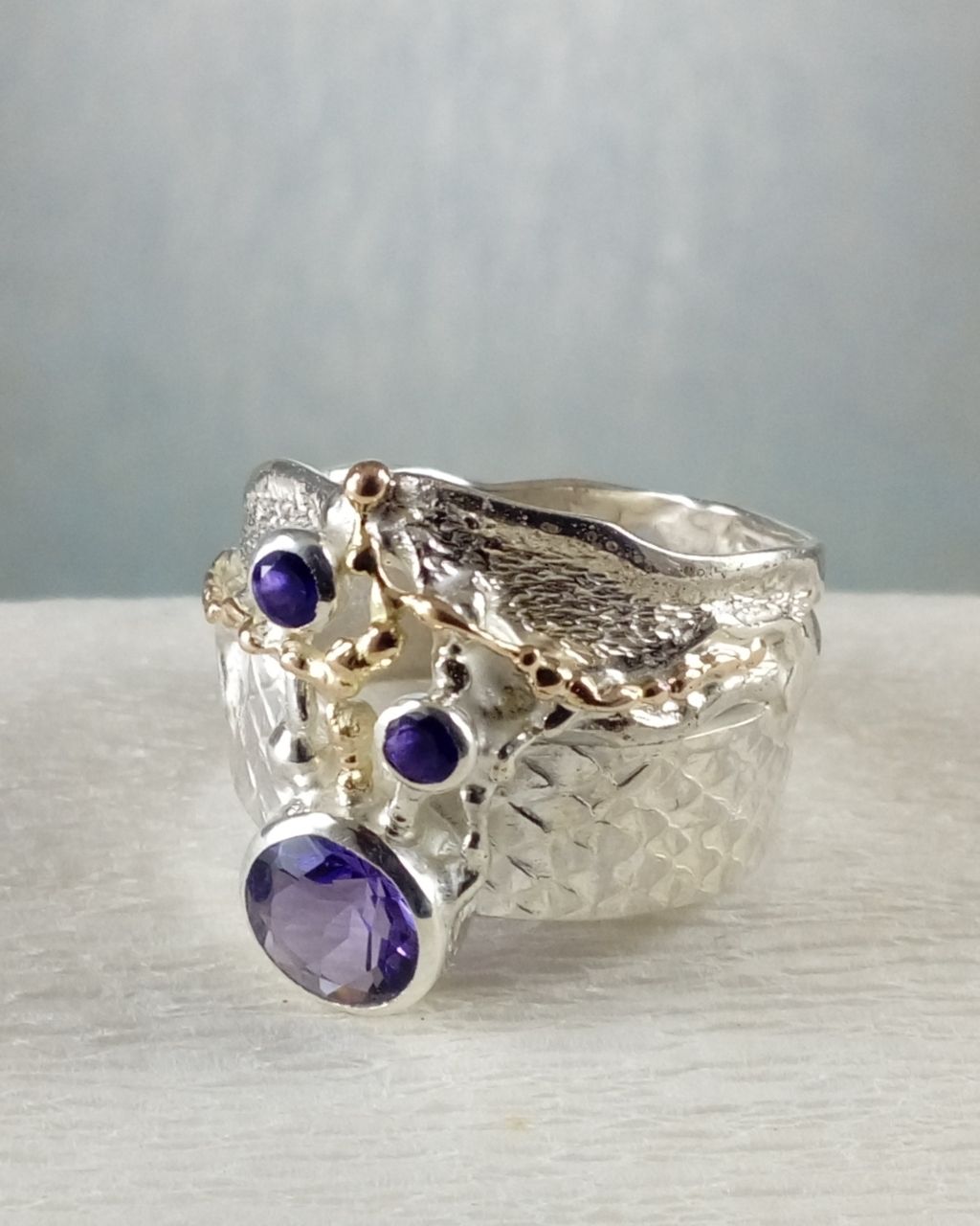 ,luxury goods and jewelry for women, rings from 14 karat gold and silver for women, handcrafted rings for women with amethyst, sterling silver and 14k gold ring, gregory pyra piro ring 6820