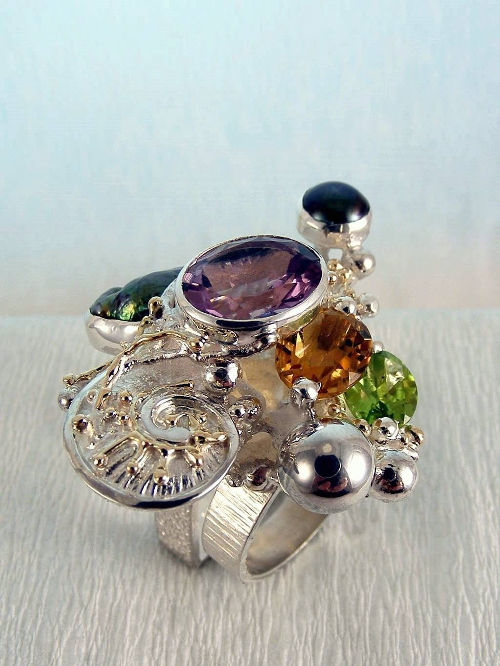 gregory pyra piro håndlavet ring 1565, ring med ametyst, ring med peridot, ring med citrin, ring med perler