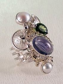 gregory pyra piro handcrafted ring 7053, sculptural jewelry handcrafted by artist, ring made from silver and gold, rings for women with fluorite and green tourmaline, rings for women with green tourmaline and pearl, seashell theme handcrafted ring