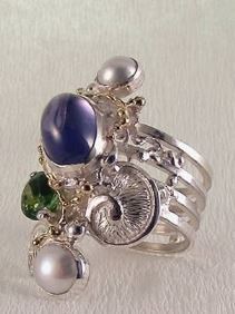 gregory pyra piro handcrafted ring 7053, sculptural jewelry handcrafted by artist, ring made from silver and gold, rings for women with fluorite and green tourmaline, rings for women with green tourmaline and pearl, seashell theme handcrafted ring