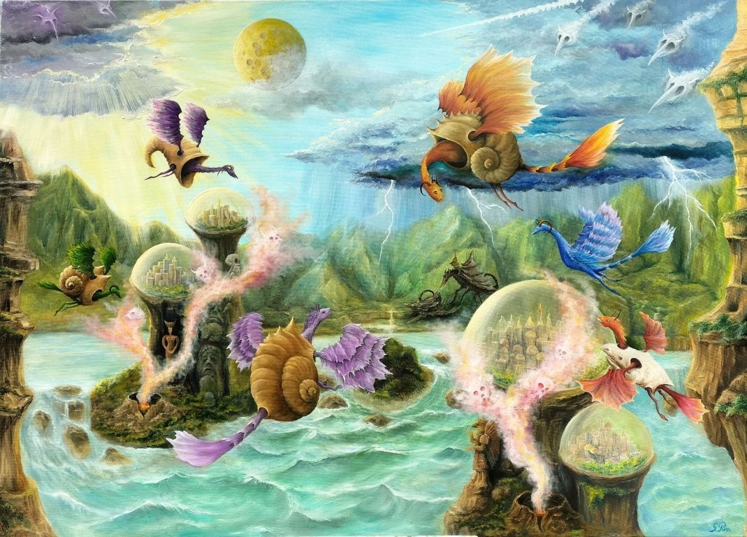 surrealism, oil painting, gregory pyra piro, mesmerizing landscape, distant solar system, dragons, shell vests, horns, eerie demons, ghosts, thunderstorm, lake, dome cities, curved statues, egyptian pharaohs, volcanoes, hills, mountains, green vegetation