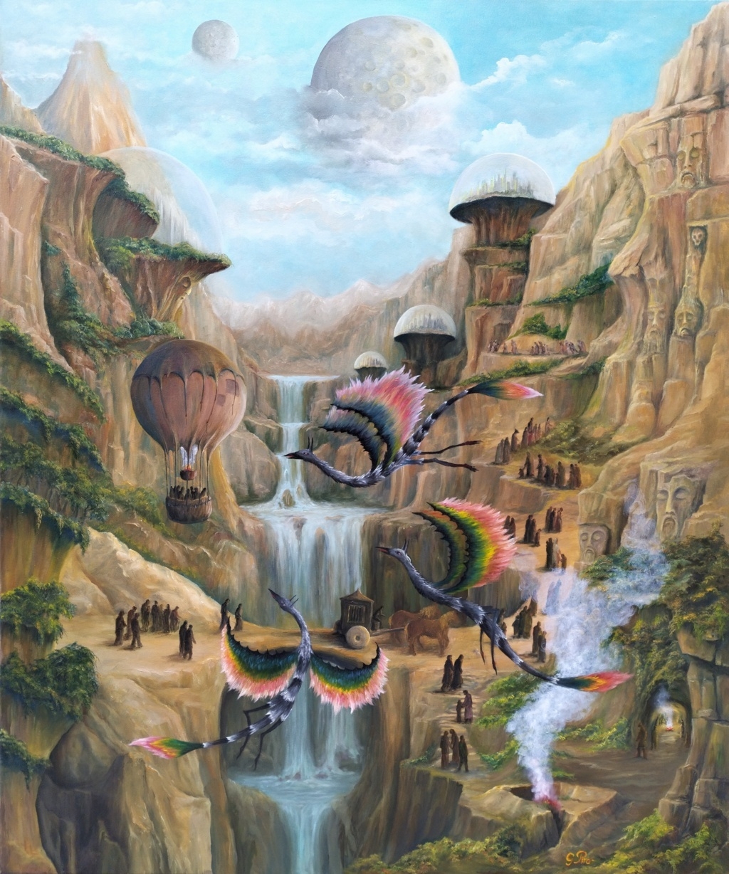 artwork, gregory pyra piro, surrealist landscape, extraterrestrial realm, colorful dragons, inhabitants, caves, fire, hills, mountains, dome-shaped structures, transportation methods, gas balloons, horse carriages, lakes, waterfalls, streams, stone faces, mystique, sky, moons, artist's signature, prints