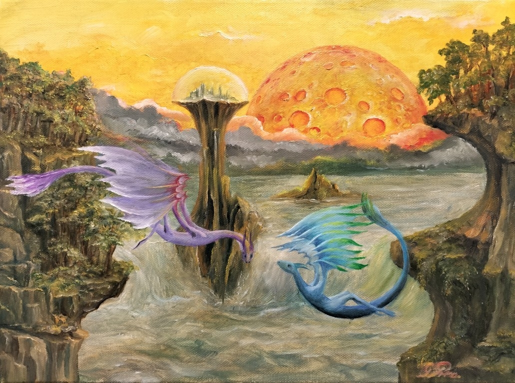 oil painting, gregory pyra piro, surreal composition, cliffs, trees, bio dome mesa, waterfalls, dragons, orange sky, large moon, signature