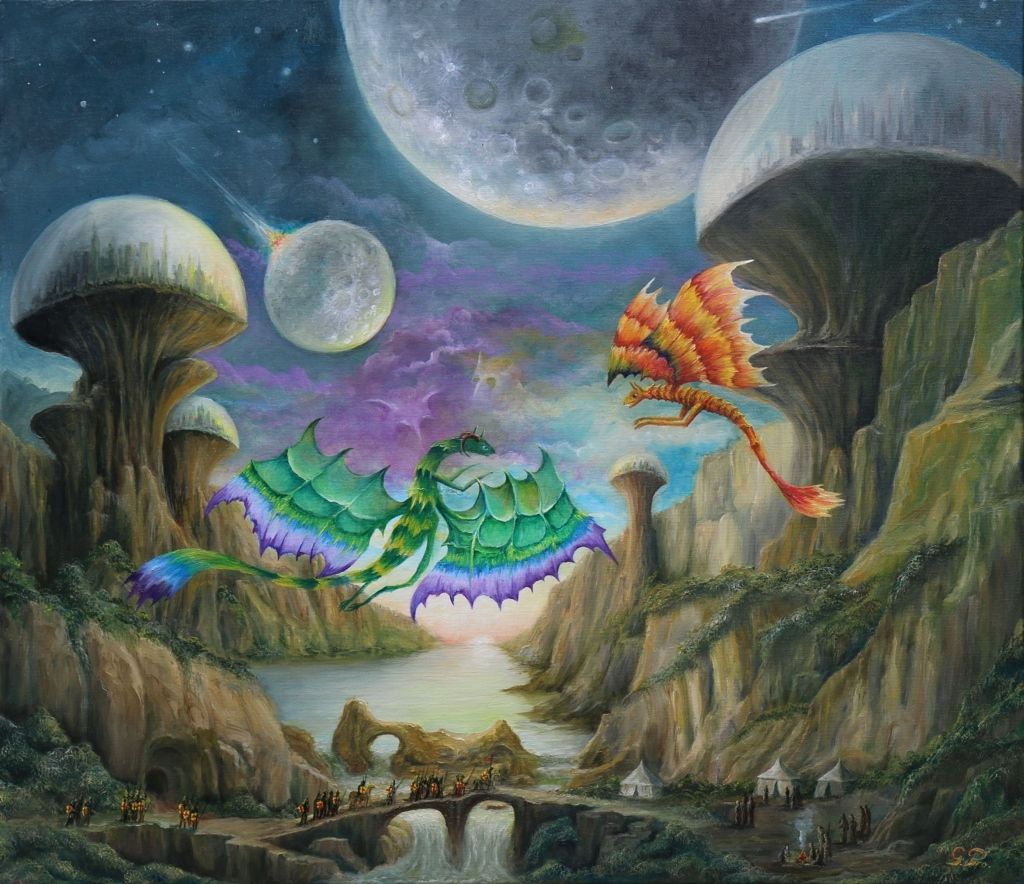 gregory pyra piro, surrealistic styles, landscape, space art, symbolism, dragons, solar system, soldiers, tent settlement, biodomes, celestial bodies, comet, meteor, ethereal beings, surreal atmosphere