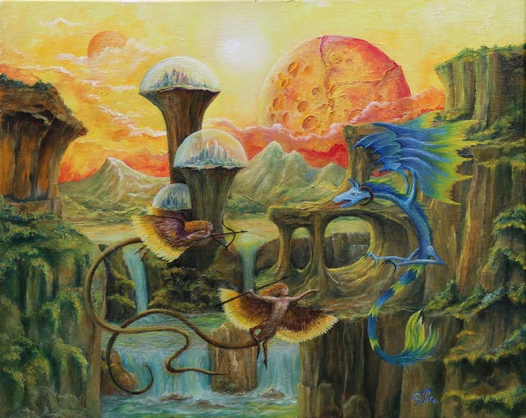 gregory pyra piro, oil painting, surreal, sunset, canyon, bio dome mesas, waterfalls, bluffs, mountains, demons, dragons, creatures, bio domes, buttes, basins, distant mountains, sky, yellow, orange hues, moons, ethereal ambiance, artist's signature
