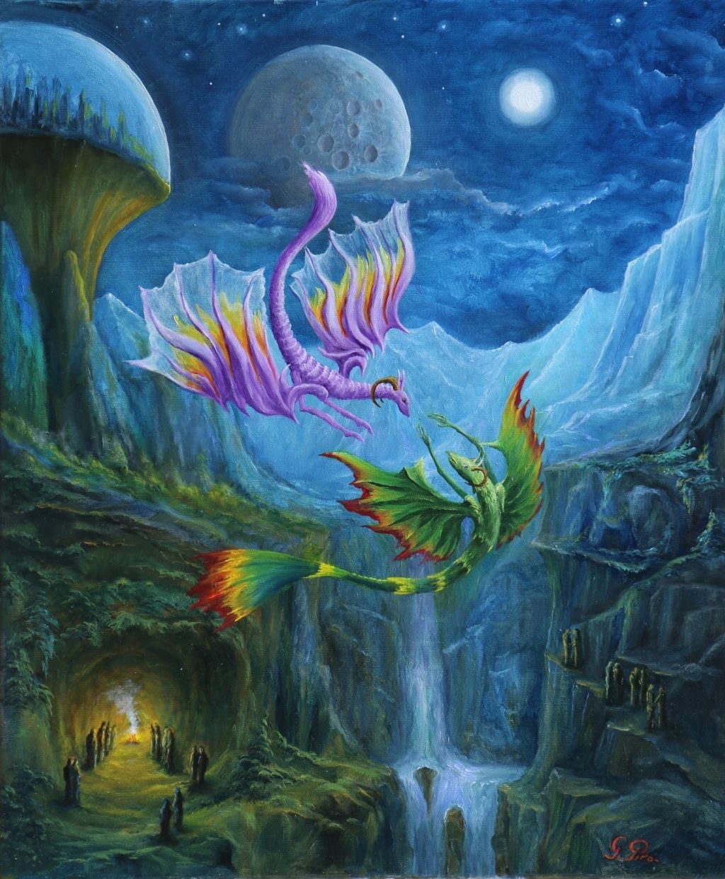 gregory pyra piro, surrealistic, oil painting, distant planet, alien solar system, landscape, moonlight,noturnal setting, colossal dragons, dinosaurs, vibrant colors, cave, green vegetation, waterfalls, ethereal apparitions, ghostly owl, dome city, majestic mountains, two moons, craters, shining moon, satellites, blue and white mountains