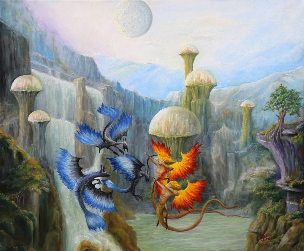 gregory pyra piro, painting, nature, landscape, animals, surrealism, flying dragons, winged creatures, nagas, serpent human hybrids, bluffs, cliffs, trees, buttes, biodomes, waterfalls, cascades, mythical ghosts, plunge basin, clouds, iridescence effect, mountains, rayleigh scattering effect, moon, craters