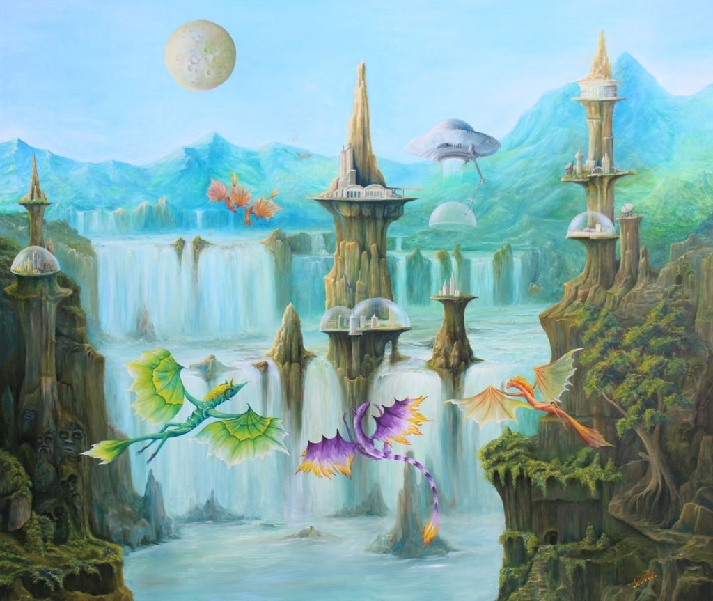 gregory pyra piro, fantasy surrealism, oil painting, surrealistic landscape, distant planet, flying dragons, dinosaurs, vibrant colors, horns, caves, dome cities, modern earth buildings, gorilla sculptures, human faces, lush green vegetation, waterfalls, disc-shaped spaceship, ufo, blue mountains, gray moon, satellite