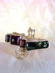 unique design ring with biwa pearl and emerald cut garnet, contemporary jewelry with biwa pearl and emerald cut iolite, original handcrafted ring with amethyst and garnet, sterling silver and 14 karat gold ring with garnet and iolite, sterling silver and 14 karat gold ring with amethyst and garnet, contemporary jewelry with amethyst and pearl, sterling silver and 14 karat gold art jewelry with amethyst and garnet, unique design ring with iolite and pearl, gregory pyra piro ring 7439