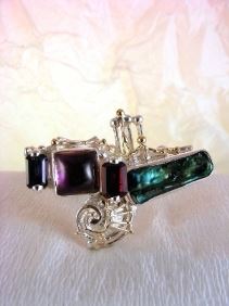 unique design ring with biwa pearl and emerald cut garnet, contemporary jewelry with biwa pearl and emerald cut iolite, original handcrafted ring with amethyst and garnet, sterling silver and 14 karat gold ring with garnet and iolite, sterling silver and 14 karat gold ring with amethyst and garnet, contemporary jewelry with amethyst and pearl, sterling silver and 14 karat gold art jewelry with amethyst and garnet, unique design ring with iolite and pearl, gregory pyra piro ring 7439