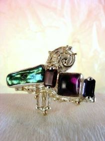 unique design ring with biwa pearl and emerald cut garnet, contemporary jewelry with biwa pearl and emerald cut iolite, original handcrafted ring with amethyst and garnet, sterling silver and 14 karat gold ring with garnet and iolite, sterling silver and 14 karat gold ring with amethyst and garnet, contemporary jewelry with amethyst and pearl, sterling silver and 14 karat gold art jewelry with amethyst and garnet, unique design ring with iolite and pearl, gregory pyra piro ring 7439