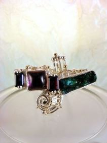unique design ring with biwa pearl and emerald cut garnet, contemporary jewelry with biwa pearl and emerald cut iolite, original handcrafted ring with amethyst and garnet, sterling silver and 14 karat gold ring with garnet and iolite, sterling silver and 14 karat gold ring with amethyst and garnet, contemporary jewelry with amethyst and pearl, sterling silver and 14 karat gold art jewelry with amethyst and garnet, unique design ring with iolite and pearl, gregory pyra piro ring 7439