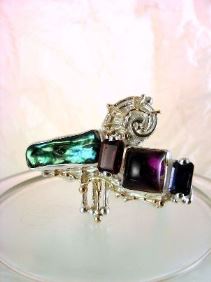 unique design ring with biwa pearl and emerald cut garnet, contemporary jewelry with biwa pearl and emerald cut iolite, original handcrafted ring with amethyst and garnet, sterling silver and 14 karat gold ring with garnet and iolite, sterling silver and 14 karat gold ring with amethyst and garnet, contemporary jewelry with amethyst and pearl, sterling silver and 14 karat gold art jewelry with amethyst and garnet, unique design ring with iolite and pearl, gregory pyra piro ring 7439