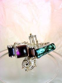 unique design ring with biwa pearl and emerald cut garnet, contemporary jewelry with biwa pearl and emerald cut iolite, original handcrafted ring with amethyst and garnet, sterling silver and 14 karat gold ring with garnet and iolite, sterling silver and 14 karat gold ring with amethyst and garnet, contemporary jewelry with amethyst and pearl, sterling silver and 14 karat gold art jewelry with amethyst and garnet, unique design ring with iolite and pearl, gregory pyra piro ring 7439