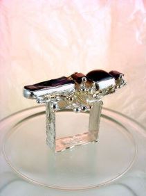 unique design ring with biwa pearl and emerald cut garnet, contemporary jewelry with biwa pearl and emerald cut iolite, original handcrafted ring with amethyst and garnet, sterling silver and 14 karat gold ring with garnet and iolite, sterling silver and 14 karat gold ring with amethyst and garnet, contemporary jewelry with amethyst and pearl, sterling silver and 14 karat gold art jewelry with amethyst and garnet, unique design ring with iolite and pearl, gregory pyra piro ring 7439