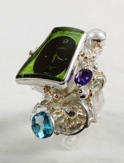 Firkantet Ring med Klokke Bevegelse 5381, sterlingsølv, 14 karat gull, blå topas, ametyst, smykkekunst originale håndlaget, Gregory Pyra Piro