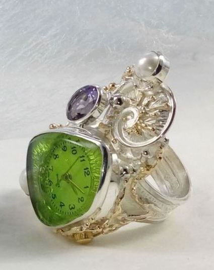 Ring met Kijk Beweging 5382, sterling zilver, 14 karaats goud, amethist, parel, origineel handgemaakt, Gregory Pyra Piro