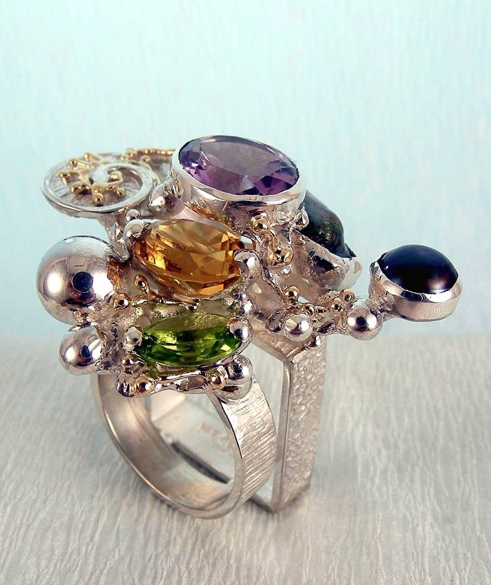 Cyberring 1565, sterlingsølv, 14 karat gull, Peridot, Citrin, Ametyst, Perler, smykkekunst originale håndlaget, Gregory Pyra Piro