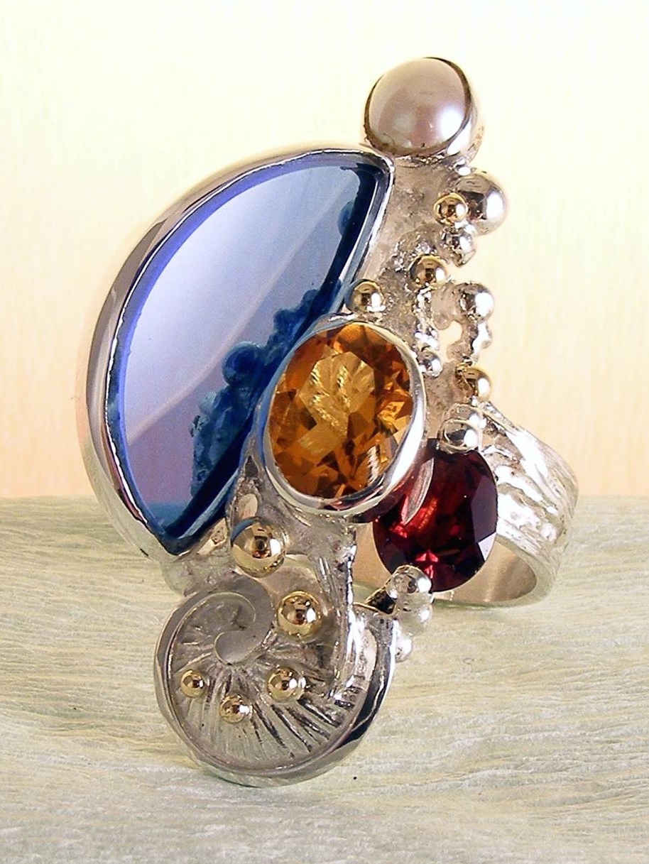 klassisk ring 3624, sterlingsølv, 14 karat gull, Citrin, Granat, Perle, Glas, smykkekunst originale håndlaget, Gregory Pyra Piro