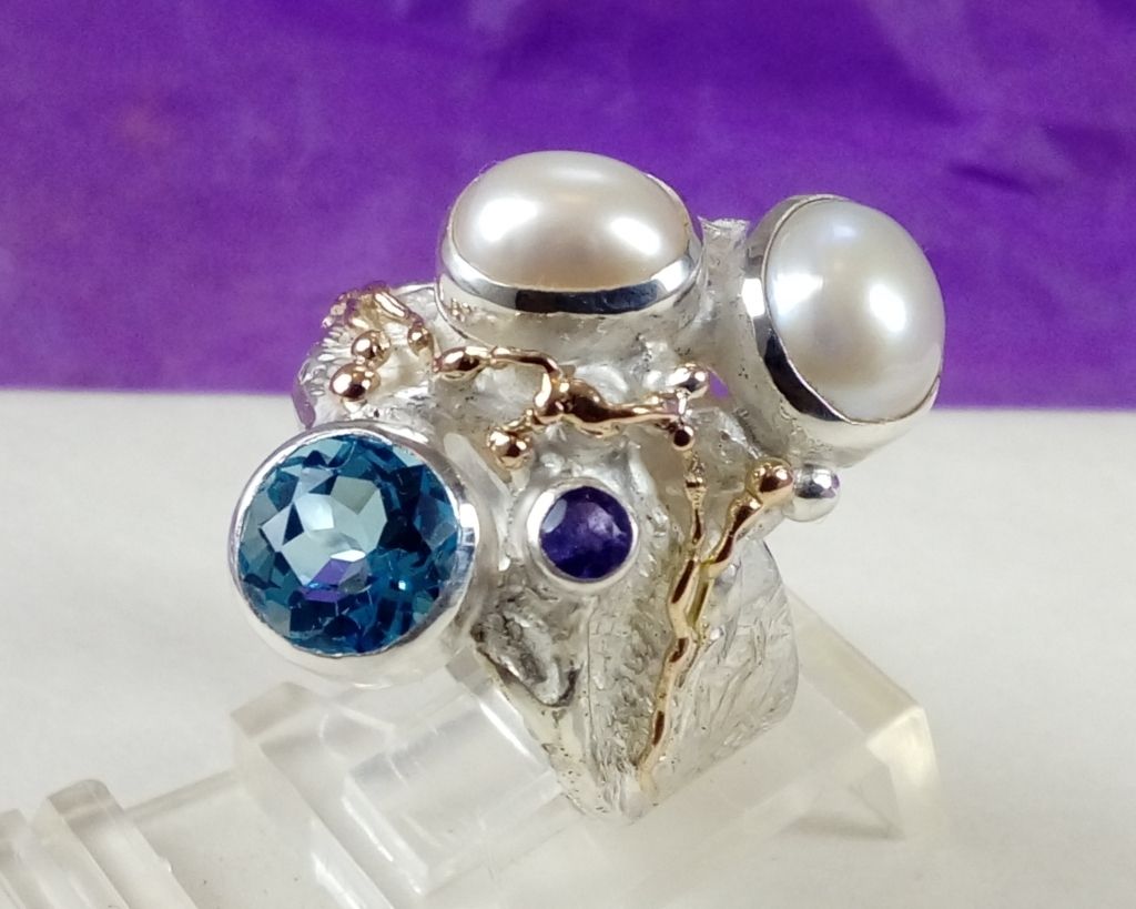 gregory pyra piro handcrafted jewellery ring 7320, jewelry sold in galleries, handmade ring of silver and gold, rings for women with amethyst and blue topaz, amethyst and pearl ring, jewelry with pearl and blue topaz, artisan jewellery for sale, handcrafted jewellery for sale, where to buy jewellery made by artists, gregory pyra piro art jewellery