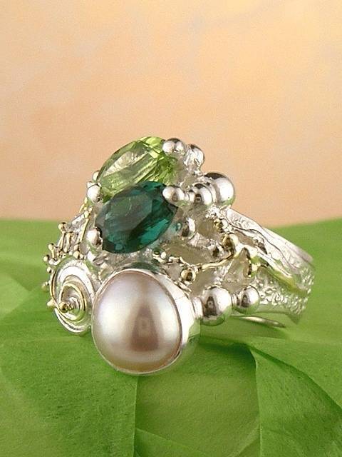 anillo plata de ley y oro 585 con piedras de moda, anillo para mujeres de plata de ley con piedras, joyas de autor plata de ley con piedras para mujeres, anillo 1438