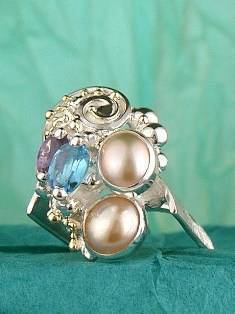 artisan made handcrafted jewelry,, jewellery with colour stones, jewellery with natural gemstones, jewellery with real pearls, where to buy jewellery for mature womens, jewellery from mixed metals with gemstones, facet cut amethyst and Blue Topaz #Ring 9785