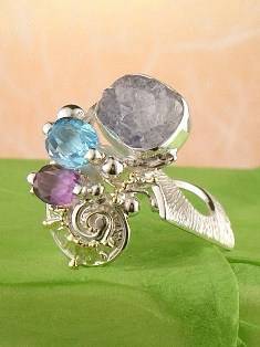 artisan made handcrafted jewelry,, jewellery with colour stones, jewellery with natural gemstones, jewellery with real pearls, where to buy jewellery for mature womens, jewellery from mixed metals with gemstones, facet cut amethyst and Blue Topaz #Ring 1832