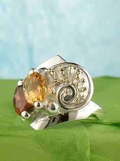 stříbro a 18 karátové zlato, granát, citrín, umělecké šperky v Prazě od umělec Gregory Pyra Piro, prstýnek 3287