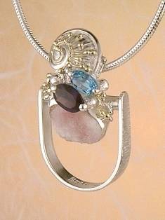 artisan made handcrafted jewelry,, jewellery with colour stones, jewellery with natural gemstones, jewellery with real pearls, where to buy jewellery for mature womens, jewellery from mixed metals with gemstones, facet cut amethyst and Blue Topaz #Ring Pendant 7563
