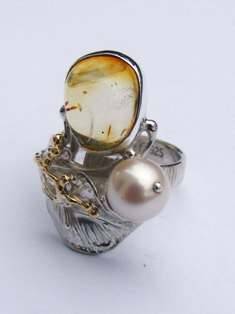 смешанные металлические украшения из серебра и золота, янтарь, жемчуг, Григорий Пыра Пиро кулон 5943